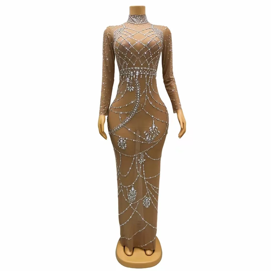 

Sexy Brown See Through Mesh Women LongDress Elastic Transparent Shining RhinestonePhoto Shoot Wear Sing Dance Costume C338