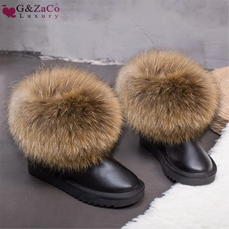 

G&Zaco Luxury Winter Snow Boots Women Natural Real Fox Fur Boots Waterproof Genuine Suede Leather Boots Black Flat Short Boot