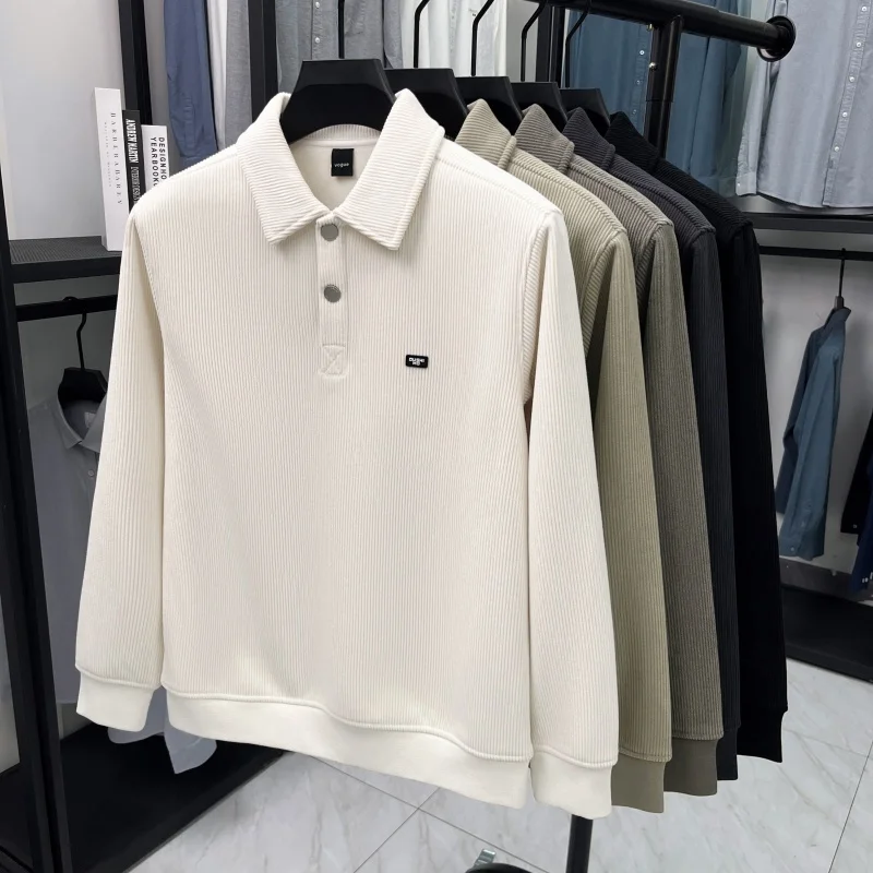 Brand Design Man Long Sleeves T-Shirt Fleece-Lined Lapel Button Winter New Letter Print Pullover Comfortable Leisure Men's Wear