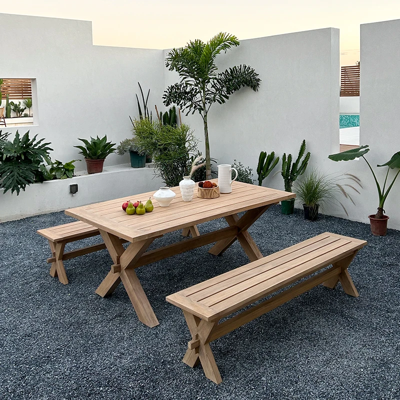 ！@Outdoor Solid Wood Multi-Person Dining Table Myanmar Teak for Hotel Courtyard Villa Terrace & Garden Outdoor Open-Air Homestay