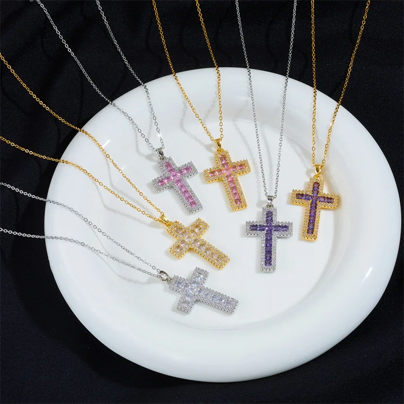 5pcs/set Stainless Steel 18K Gold Plated White Cubic Zirconia Cross Pendant Necklace Waterproof Trendy Jewelry Women New