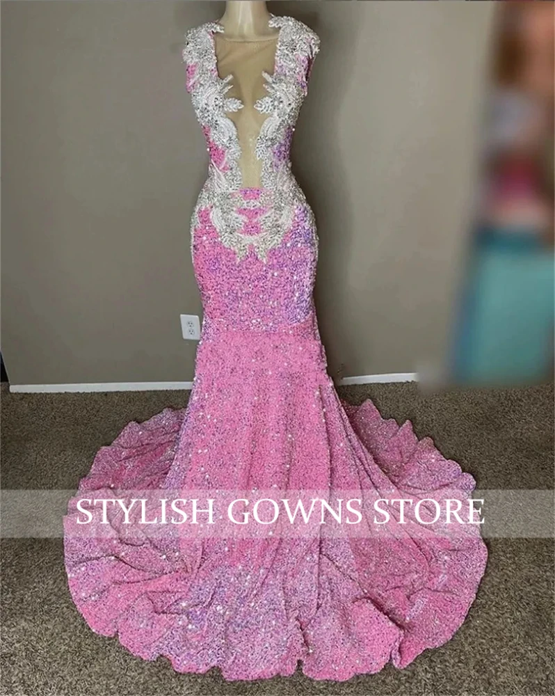 Pink O N Long Prom Dresses Black Girls Bead Crystal Evening Gowns Sequined Birthday Party Gown Mermaid Robe De Bal Customized