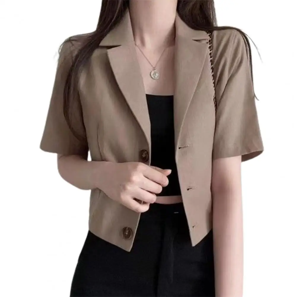 Korean Women Blazer Summer Suit Coat Lapel Short Sleeve Single Breasted Buttons Short Suit Jacket Loose Business Outwear