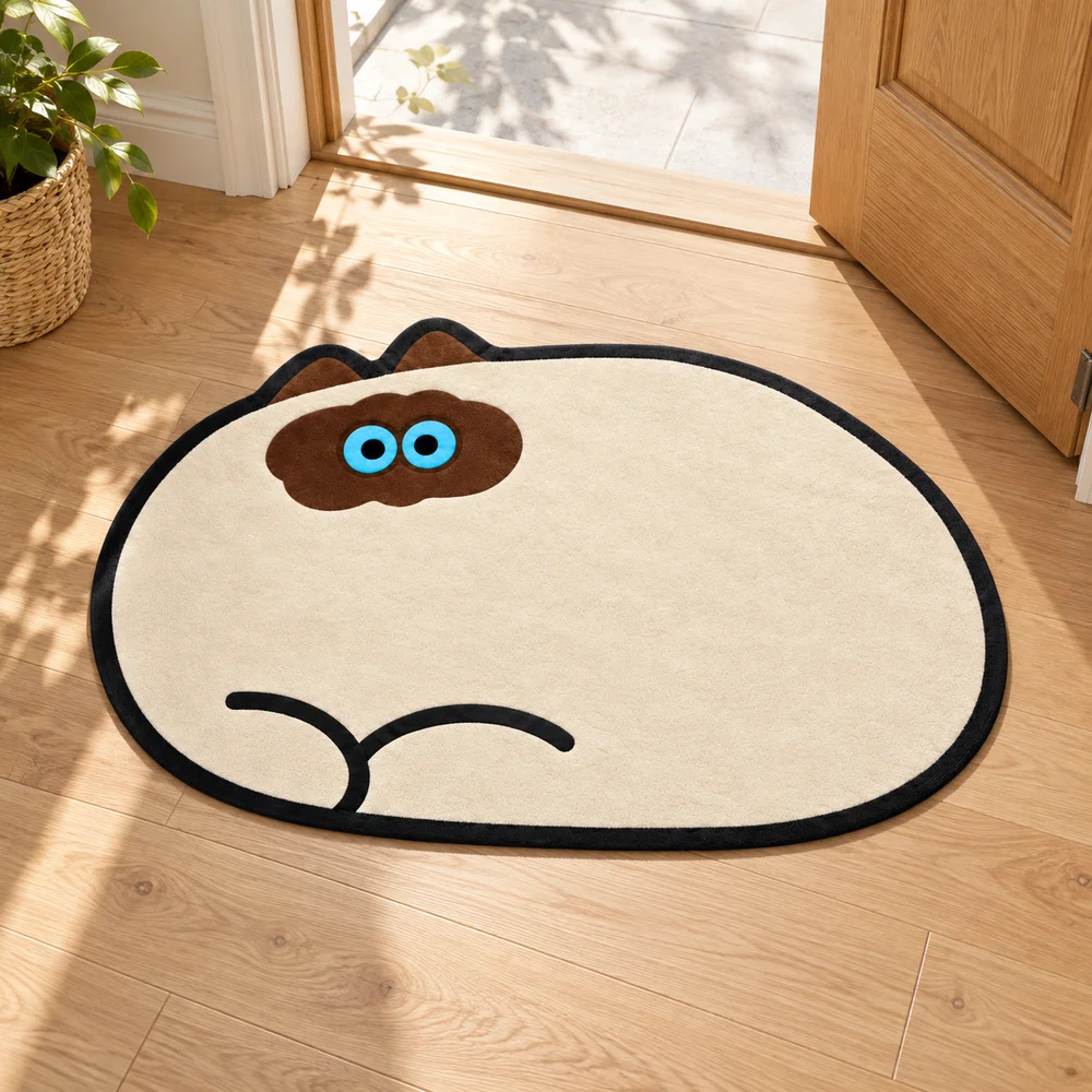 Cream Fat Cat Blue Eyed Shaped Area Rug Animal Irregular Flannel Floor Mat for Bedroom Living Room Entryway Home Decor Gift