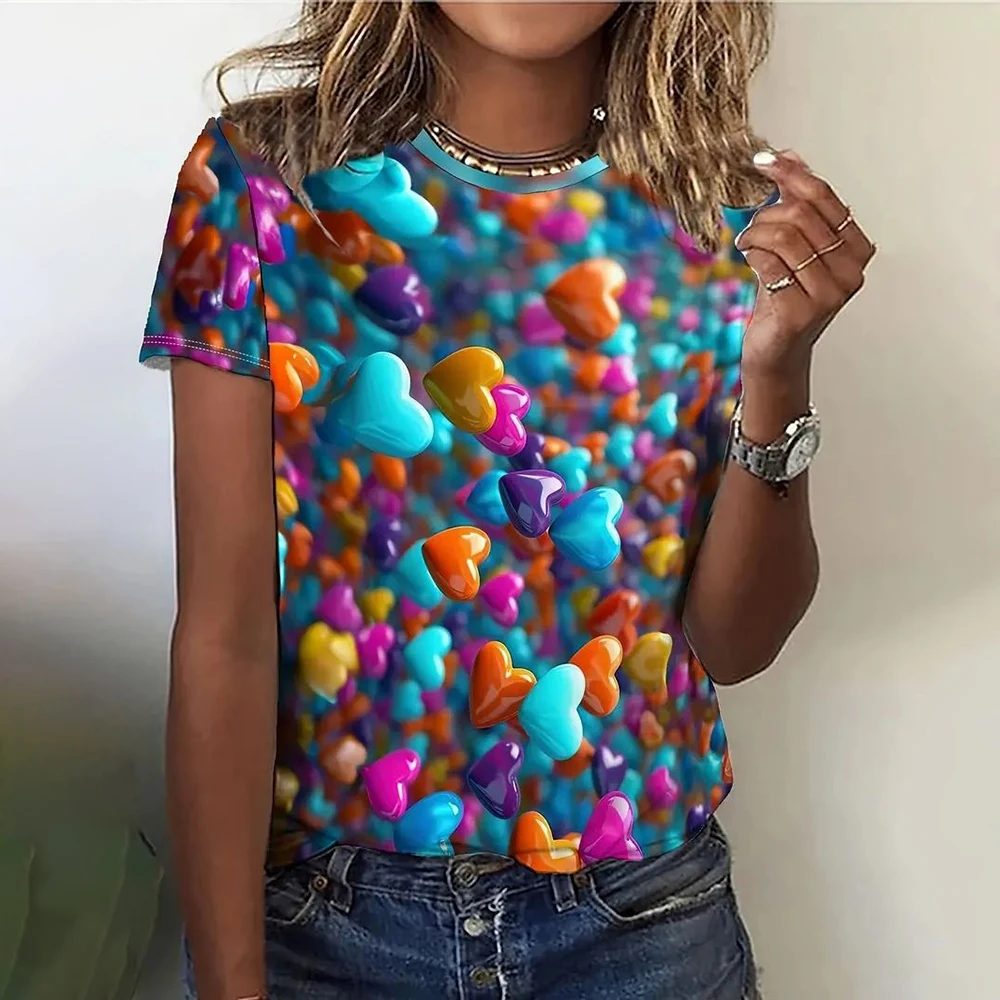 Camiseta con estampado 3d de amor para mujer, camisa holgada informal de cuello redondo, Tops de manga corta de gran tamaño, ropa de diseño de verano