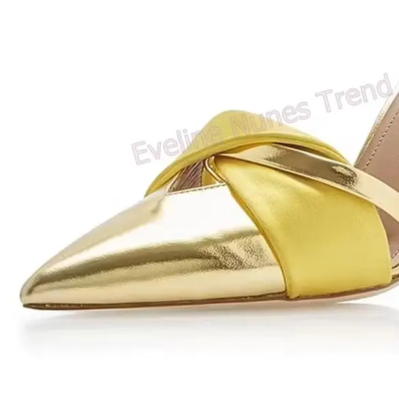 Women Metallic Gold Sexy Sandals Pointed Toe Stiletto Side Air Yellow Twisted Knot Ankle Strap Buckle Summer Party High Heels