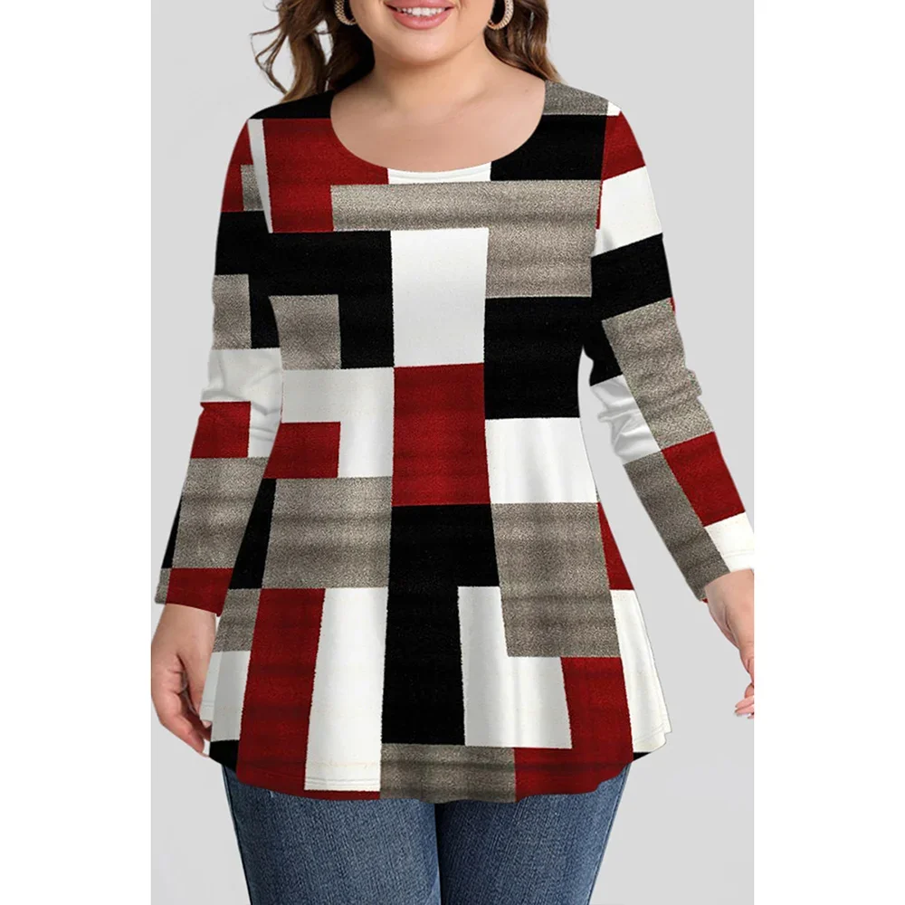 Plus Size Casual Multicolor Geometric Pattern Colorblock Stitching Print Shirt