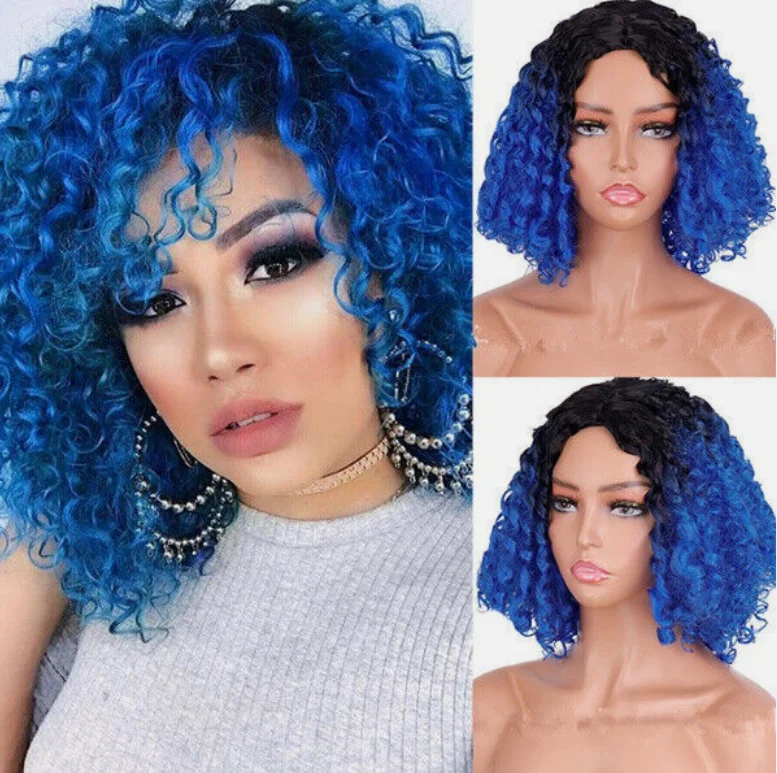 Pelucas rizadas afro cortas Pelo sintético Ombre Pelucas de fiesta azules Pelucas de cosplay