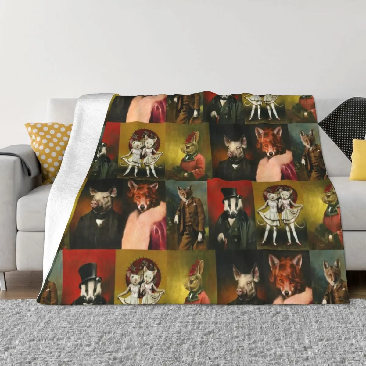 

Vintage Animals In Clothes Throw Blanket Soft Plush Plaid Luxury Designer Blanket Blanket Fluffy