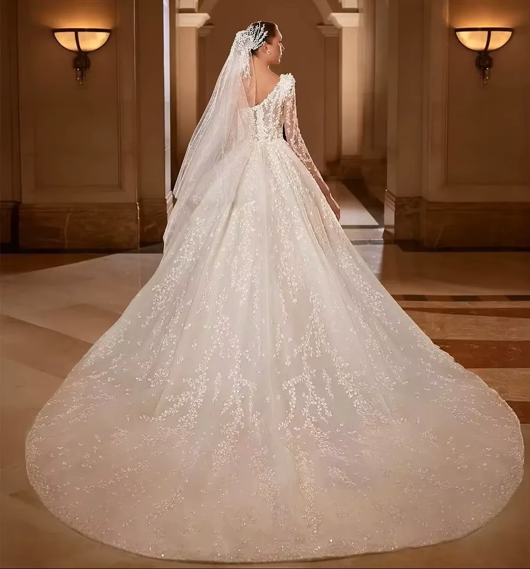 Luxury One Shoulder Wedding Dress Long Sleeve 3D Flower Lace Bridal Gown Chapel Train CustomizeRobe De Mariée Vestido De Novia