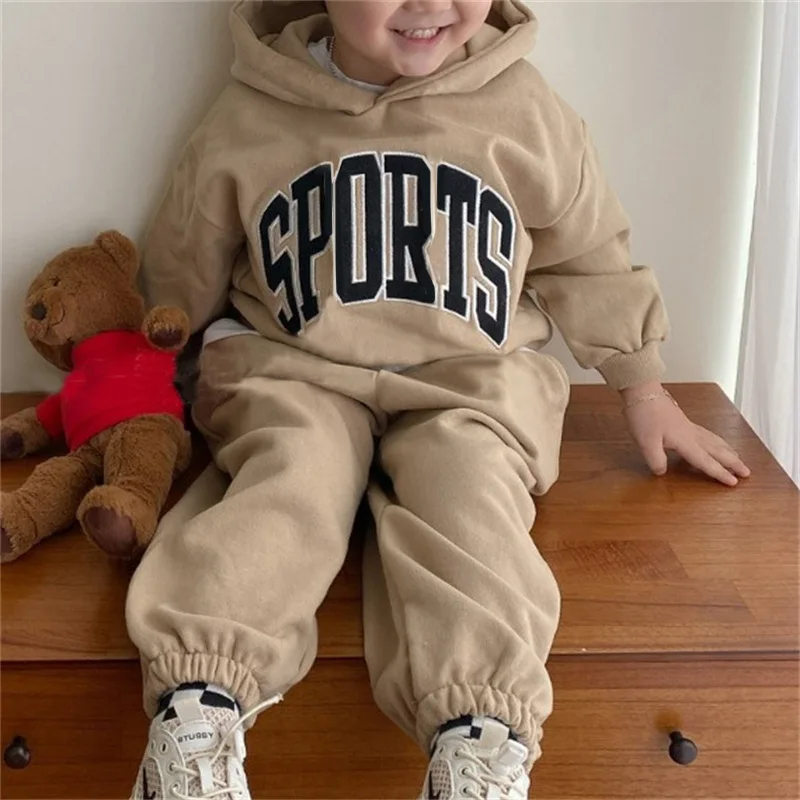 2025 Autumn New Children Letter Print Hoodie Sweatshirt + Pants 2pcs Suit Boys Girls Casual Hoodie Outfits Cotton Kids Sweat Set