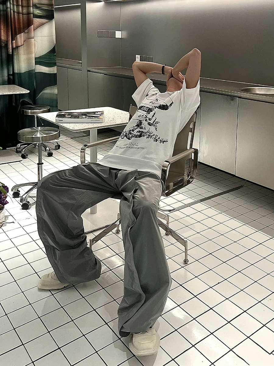 กางเกงขายาวลำลองทรงหลวมผ้าไนลอนสองชั้น แต่งลายปักตัวอักษร สไตล์สปอร์ต ใส่สบาย ทรงตรง ขากว้าง