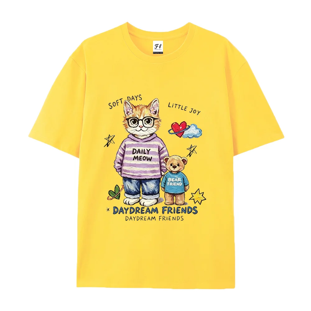 Cute Cat Bear Daydream Friends T Shirt Aesthetic Animal Graphic Tees Loose Fit Cotton Short Sleeve Summer Tops Gift Cat Lovers