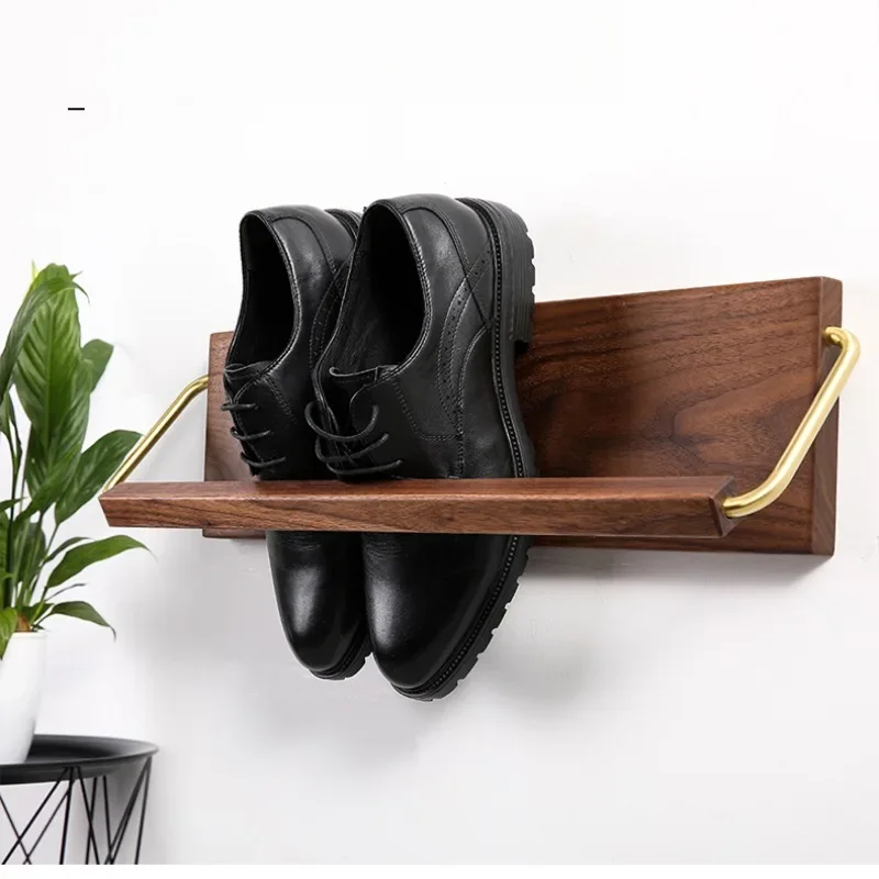 

Black Walnut Wood Shoe Rack Wall-Mounted Entryway Shoe Organizer Ultra-Thin Space-Saving Dormitory Wall Shelf Storage Solution