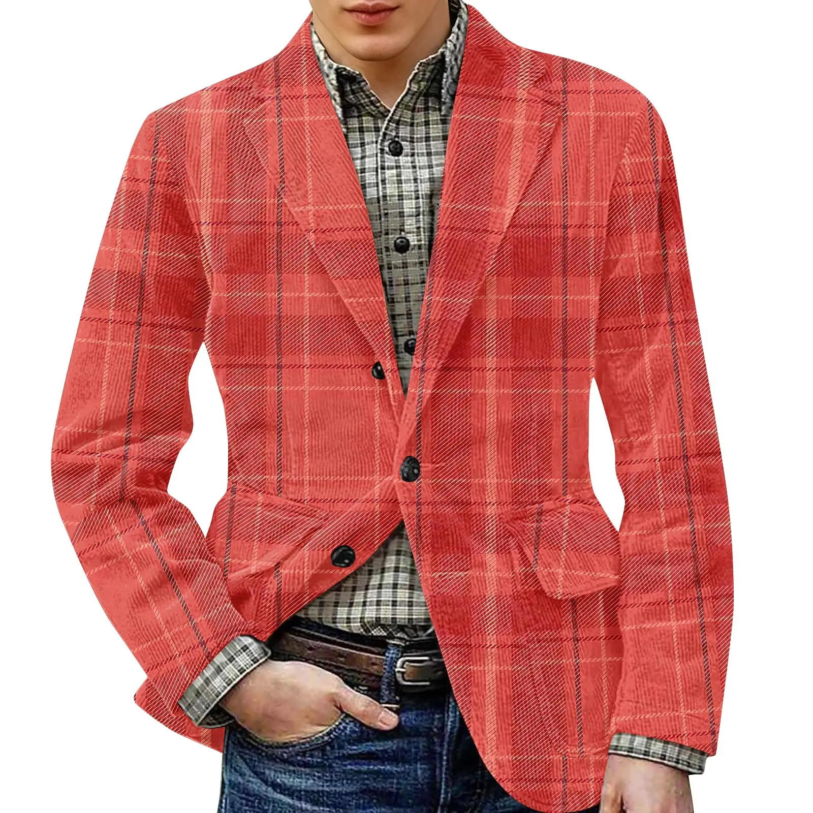 

Men'S Printed Plaid Jacket Warm Coat Autumn And Winter Suit Jacket Casual Style Multiple Styles Button Decoration Comfortable