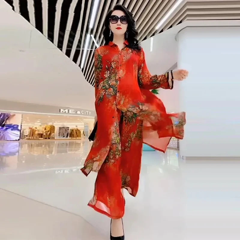 Large-size Silk Wide-Leg Pants Suit Women\'s Spring/Summer 2023 New Exotic Mmulberry Silk Fashion Temperament Slim Two-Piece Suit