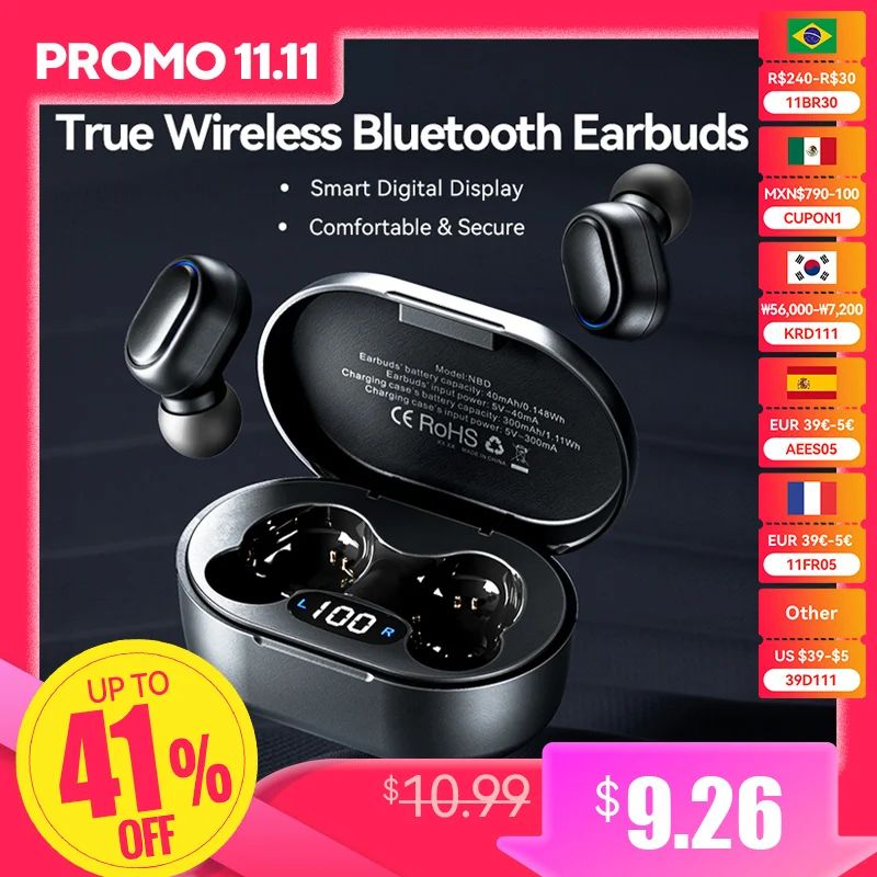 Vention TWS Earphone Bluetooth 5.3 Wireless with Charging case LED Power Digital Display In-ear Waterproof sports earphones