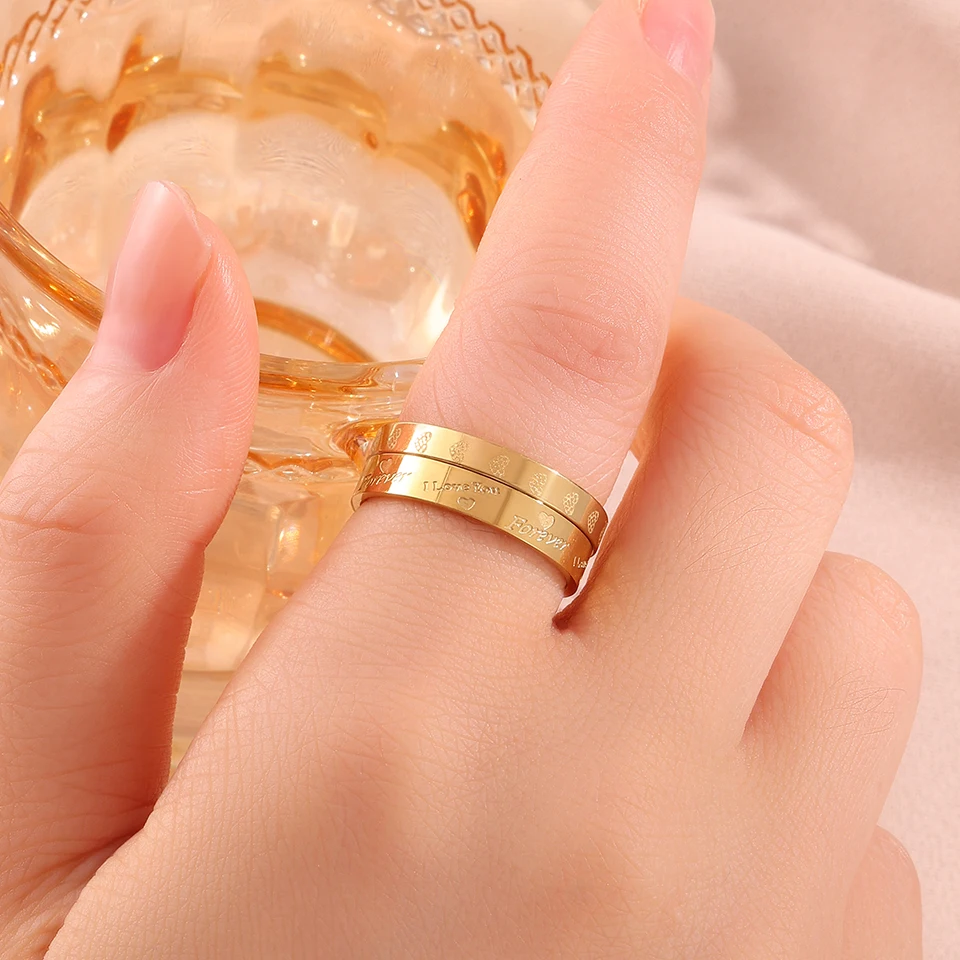 Couple Rings Stainless Steel Engraved I Love You Heart Promise Band Waterproof Wedding Finger Jewelry