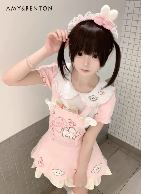 

2025 Summer and Autumn New Japanese Style Soft Girl Cute Pink Strap Dress White Long Sleeve Top Versatile Pants Three-Piece Set