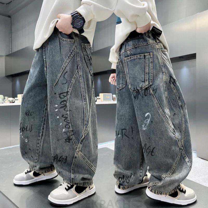 

New Autumn Children Casual Distressed Jeans For Teens Boys High Waist Letter Print Denim Pants Cool Kids Fashion Long Trousers