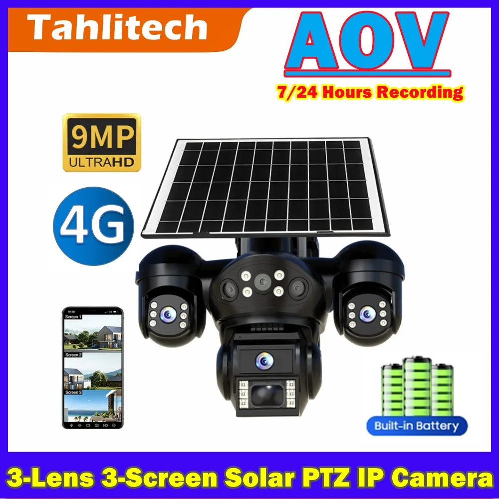 4G Solar Camera 9MP Three Lens Solar Panel Battery-Powered IP Camera Outdoor Recharge Color Nightviision AOV Camera
