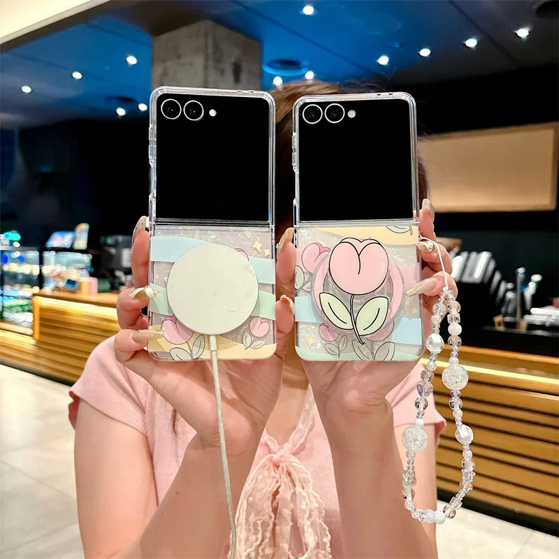 

Магнитный чехол для телефона с милой подставкой в виде цветка тюльпана для Samsung Galaxy Z Flip 7 FE 4 5 6 3, чехол для беспроводной зарядки Magsafe с браслетом