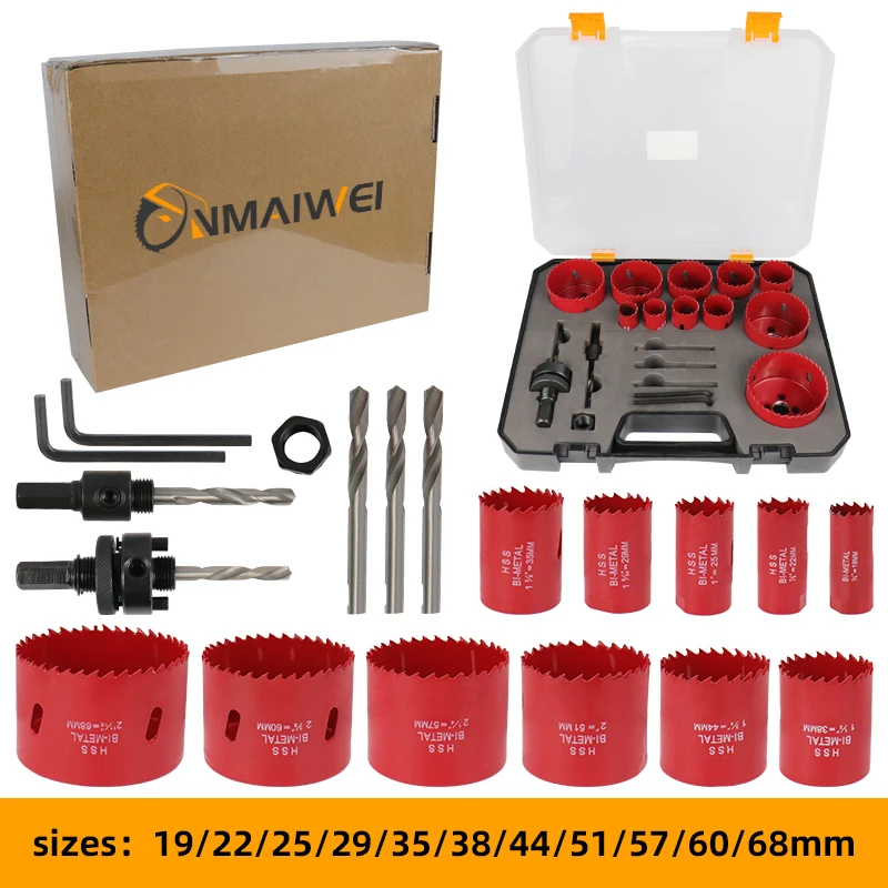 19Pcs Hole Saw Kit 19-68mm M42 Bi-Metal Hole Saw Cutter Drill Bits Set for Drilling wood drill on tube Gifts for Dad