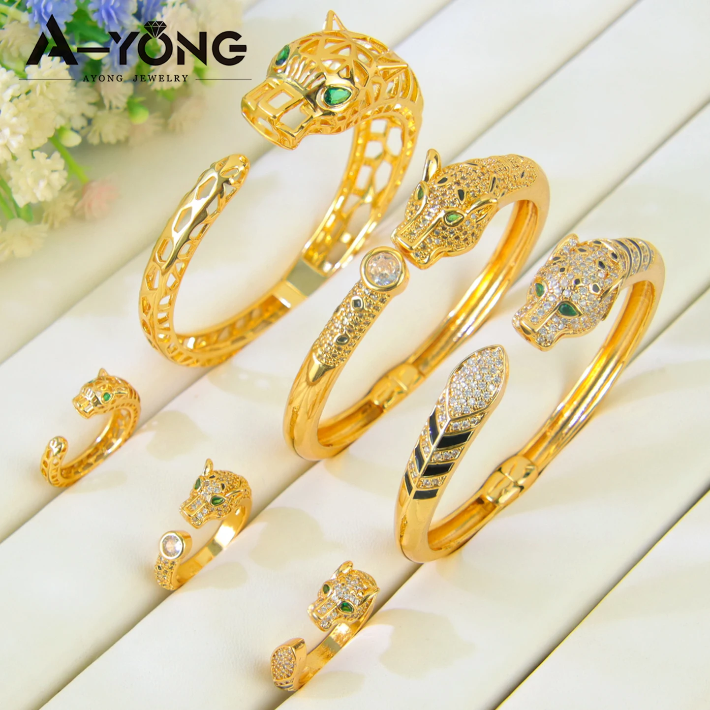 

Dubai Punk Hip Hop Leopard Head Jewelry Set 21k Gold Plated Cool Panther Adjustable Bangles Ring Middle Eastern Vintage Jewelrys