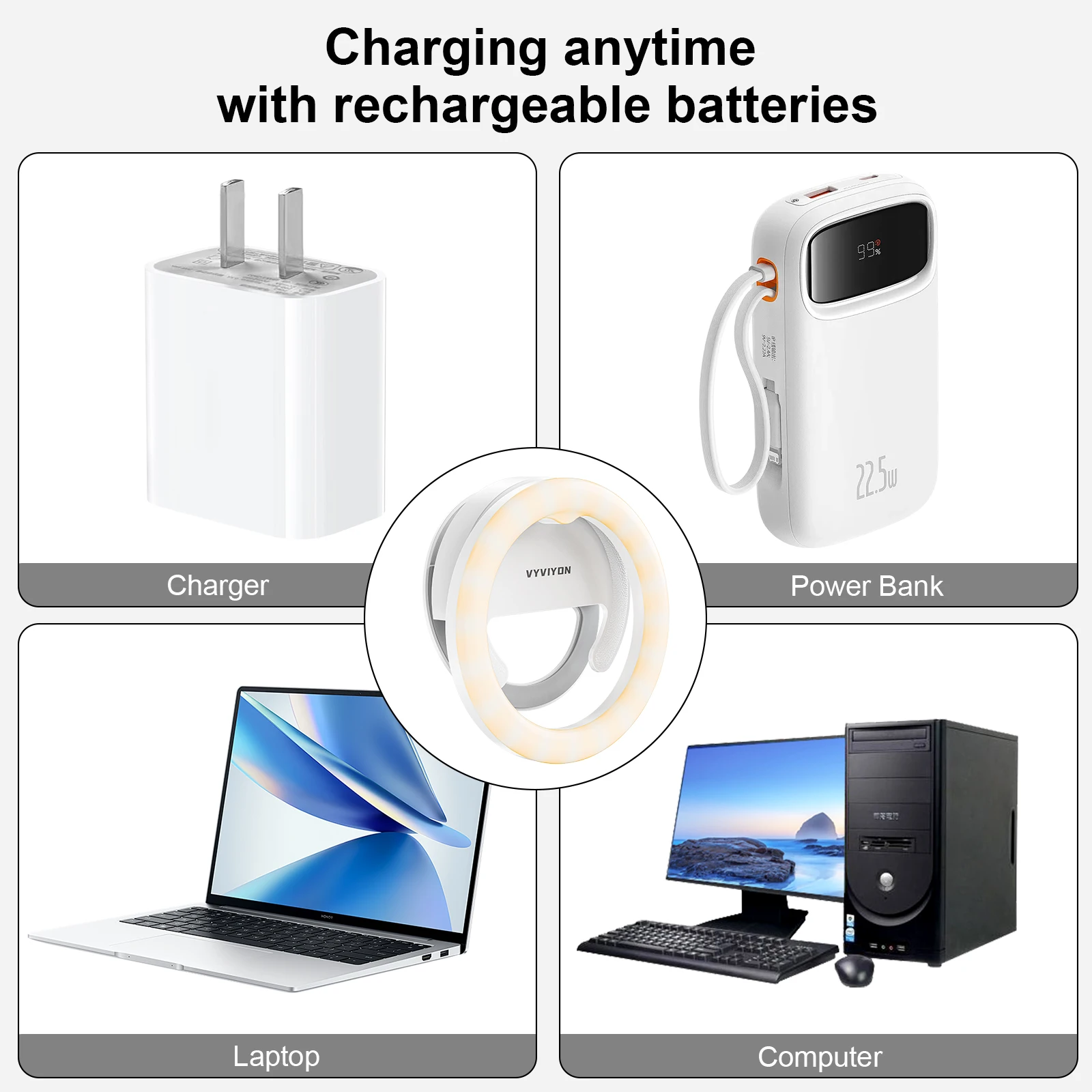 Anel de luz giratório para selfie, anel de luz com clipe para telefone, foto e vídeo, 3 temperaturas de cor, recarregável, luz de preenchimento LED