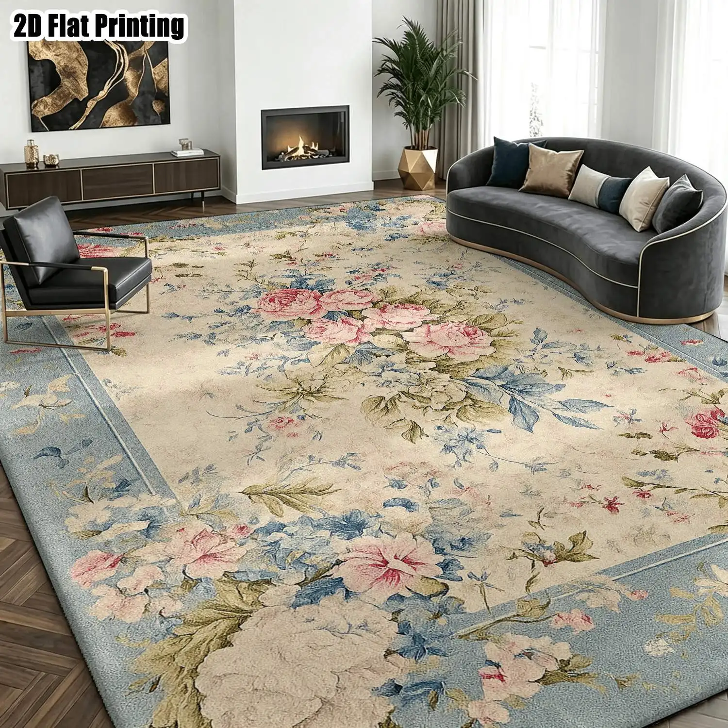 1Pc 2D Printed Retro Floral Carpet with Pink Flowers & Blue Leaves, European Style, Machine Washable, Multi-Size, Ideal for Home Decor Such as Entryway, Dining Room, Bedroom, Living Room