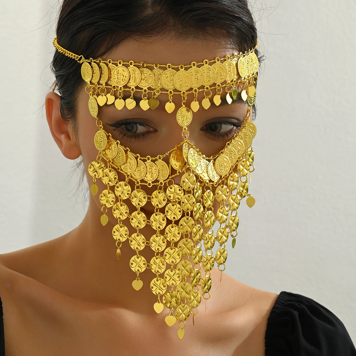 Sexy Golden Coin Tassel Face Chain Multi-layer Engraved Coin Veil Nightclub Party Festival Head Jewelry For Women