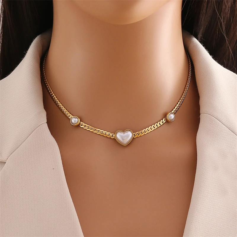 316L Stainless Steel New Fashion Fine Jewelry Set Love Heart Shaped Pearl Charm Chain Necklaces Bracelets Earrings For Women