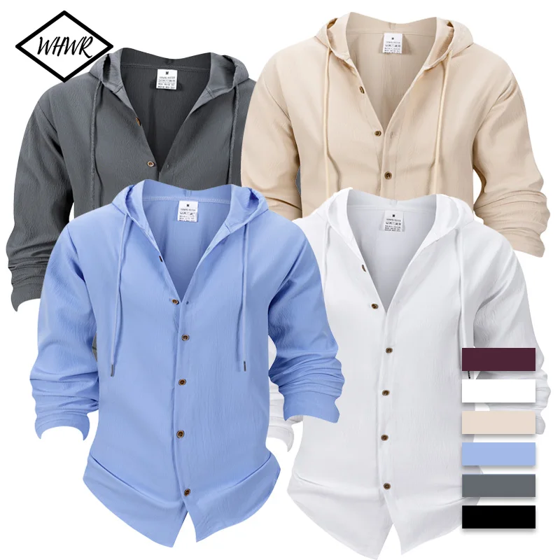 Men's Lightweight Beach Long Sleeves Shirt Short Hippie Casual Button Hooded Henry Shirt Quick Dry Breathable Spring Outerwear