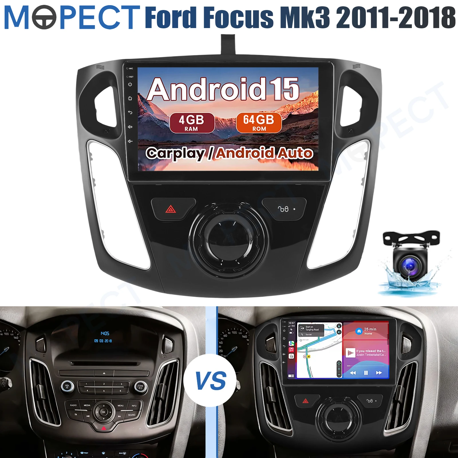 MOPECT 9" autoradio met 4+64GB voor Ford Focus MK3 2011-2018 Android 15 Carplay GPS BT/AM/FM touchscreen +DAB&camera