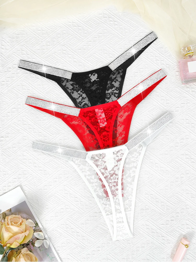 3pcs Sexy Thongs Lace Women Underwear Perspective Floral Panties Low Rise Two Shiny Belts G-string Comfortable Intimate Lingerie