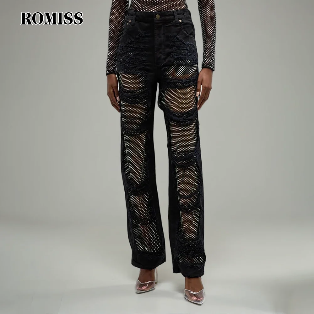 

ROMISS Hollow Out Solid Patchwork Diamonds Jeans For Women High Waist Spliced Button Long Trousers Female Clothing Fashion Style