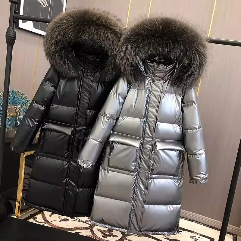 

Natural Big fur collar down Jacket 2024 Winter New Women Thicken White duck down Glossy Coat Female Loose Hooded Parka Overcoat