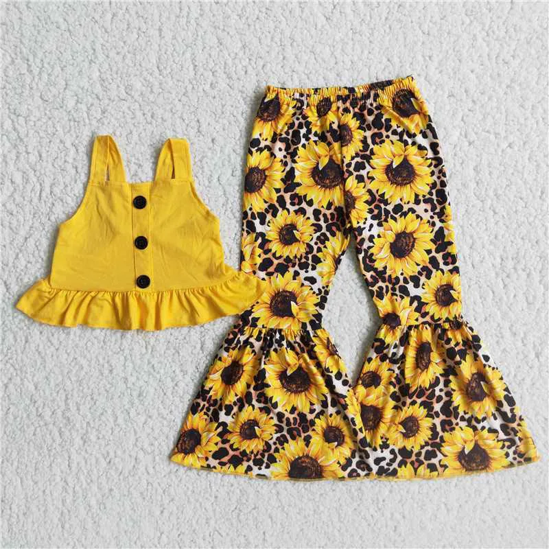 

New summer fashion lovely baby girls children sunflowers print long Bell Bottom Pants baby girls wholesale boutique Outfit