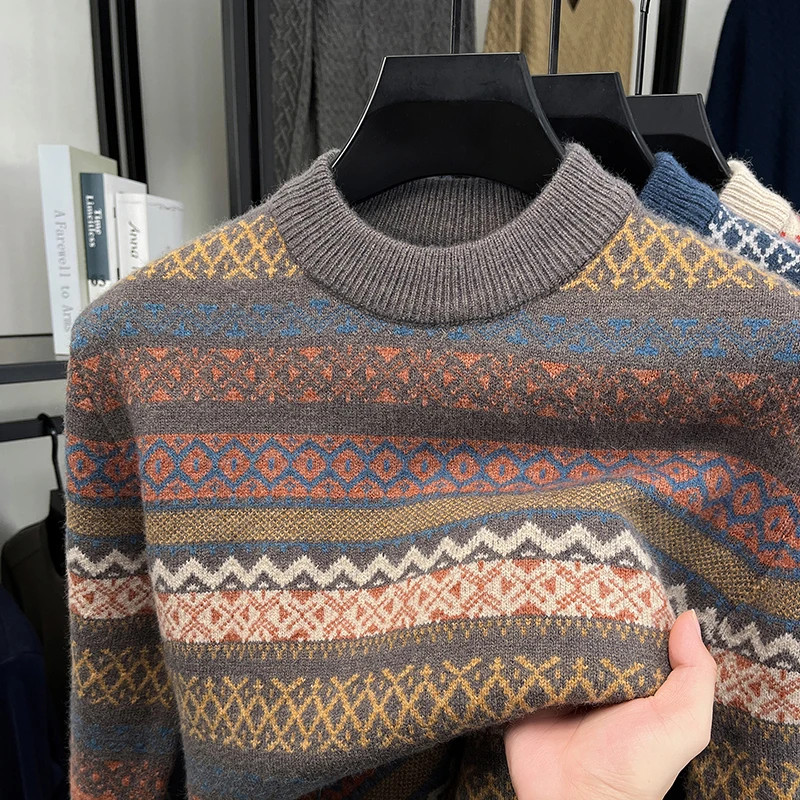 الرجال سترة متماسكة البلوز الملونة هندسية الجاكار طاقم الرقبة طويلة الأكمام الدافئة عارضة أزياء الخريف الشتاء الاتجاه ملابس رجالية