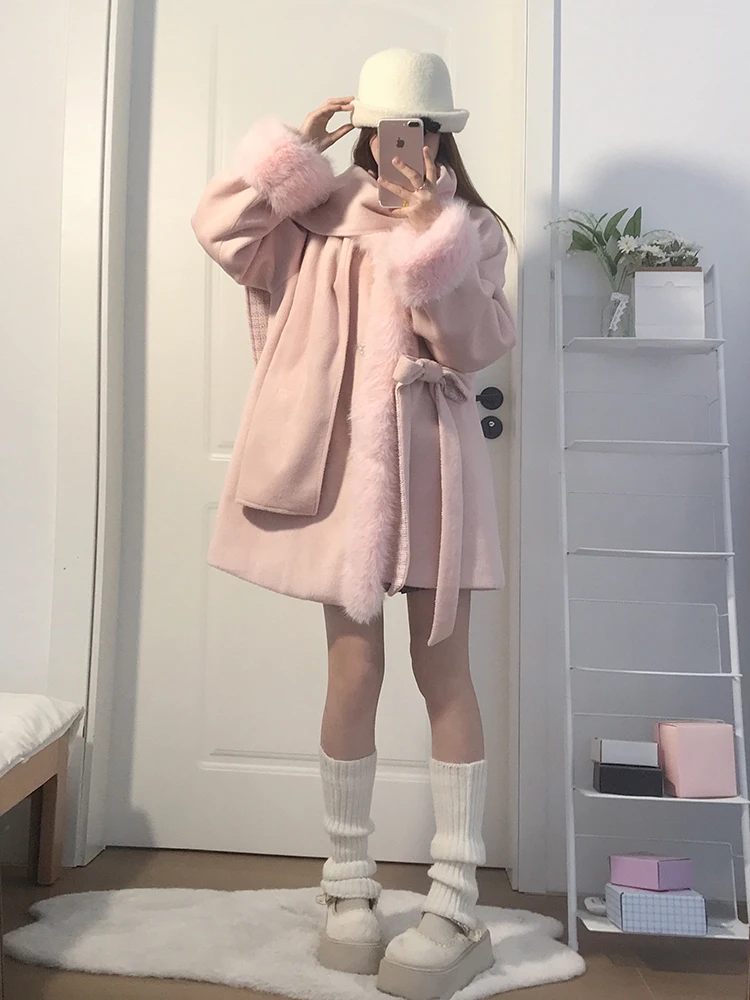 

Розовое милое шерстяное пальто Missy Sle Scarf, женское зимнее новое свободное пальто из искусственного меха, широкое пальто с запахом, корейское длинное свечение