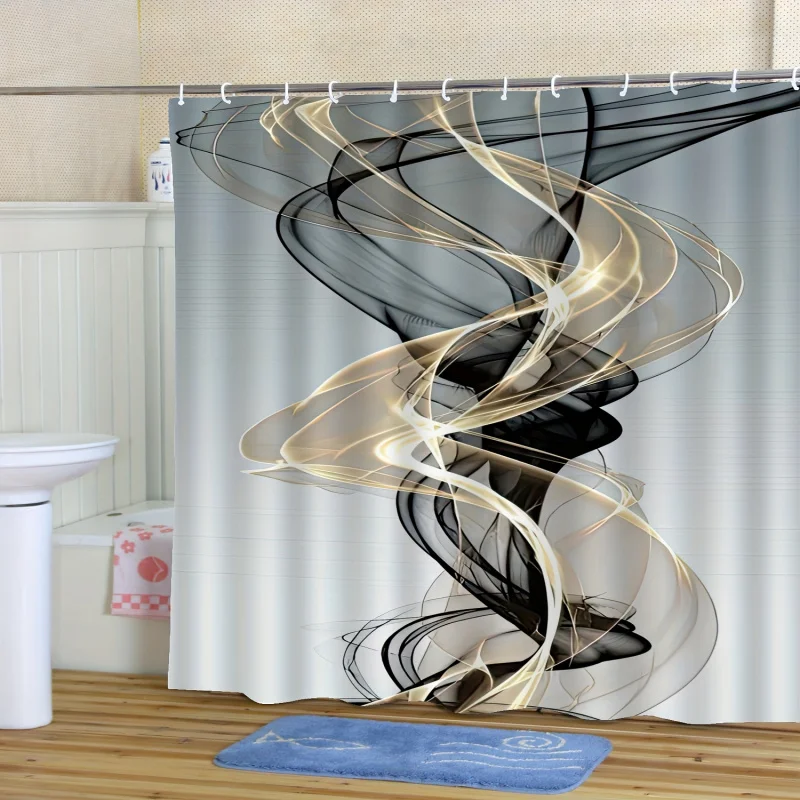 Modern Luxury Abstract Art Shower Curtain - Yellow, Black & Gray Lines with Light Design, Includes Hooks, Machine Washable Polye