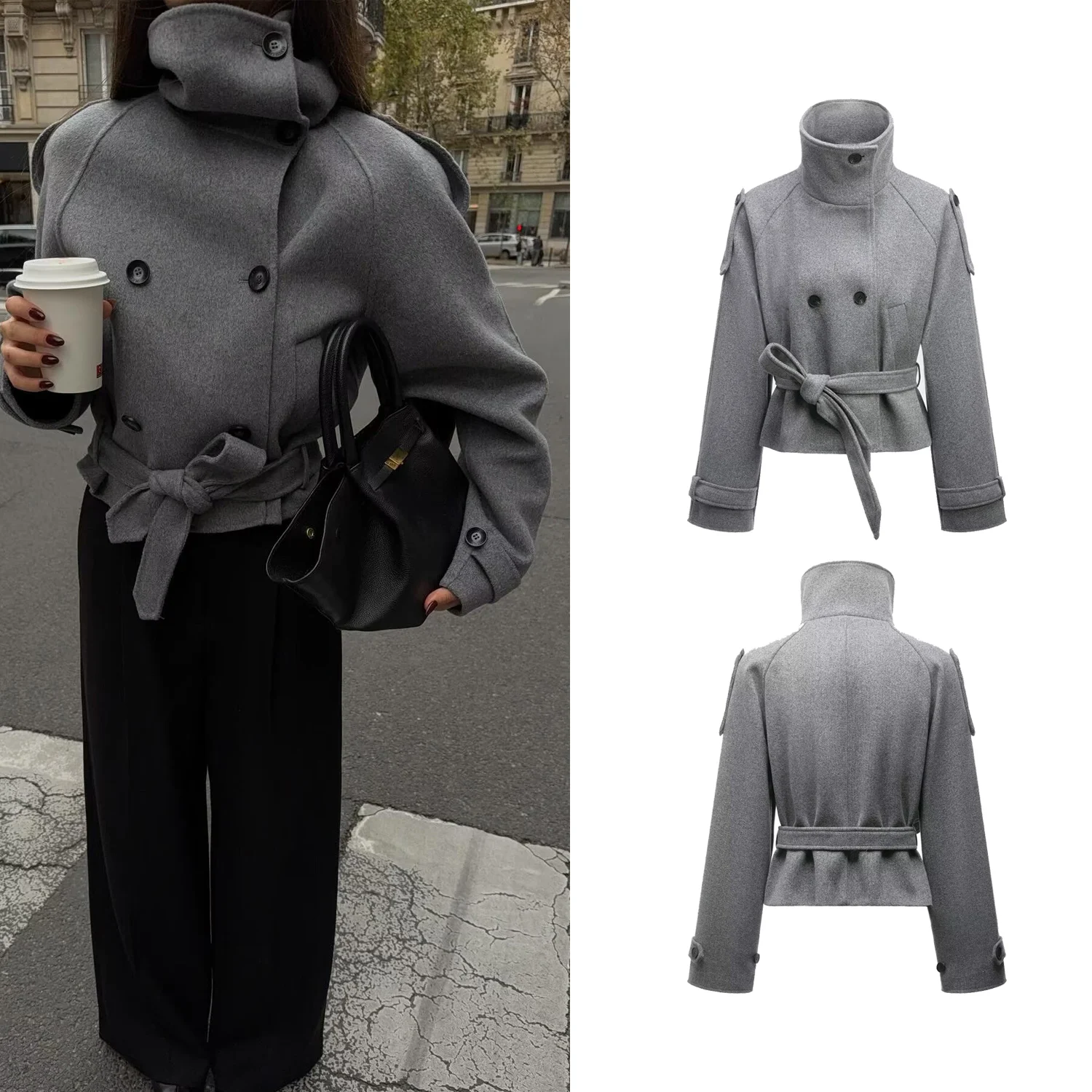 

Женские осенне-зимние куртки на двойных пуговицах, женские повседневные шерстяные пальто с длинным рукавом и поясом, элегантная женская шикарная короткая верхняя одежда