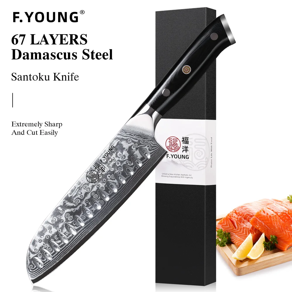 F.YOUNG 7 Inch Professional Japanese Santoku Knife  67 Layer Damascus Steel VG10 Core Sharp Meat Vegetable Kitchen Chef Knife