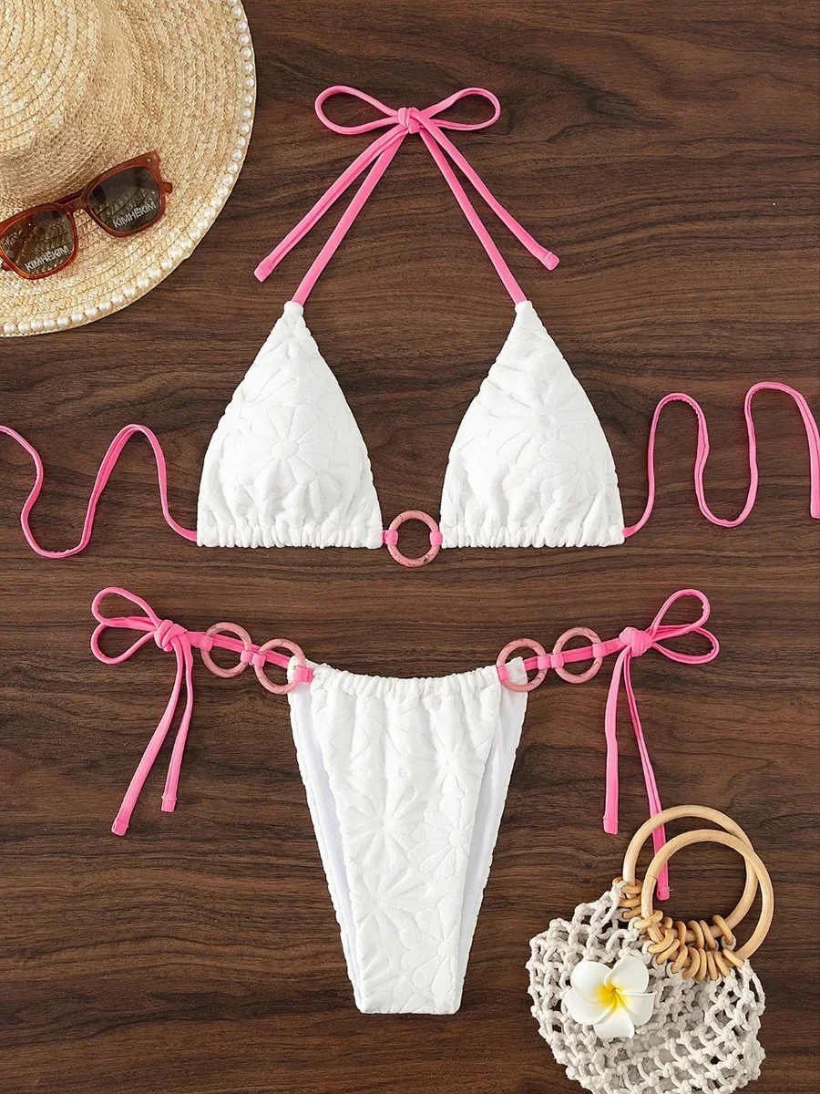 

2025 Sexy Splicing Ribbed Halter Bikini Women Swimwear Female Swimsuit Two-pieces Bikini Set Rings Bather Bathing Suit Swim Lady