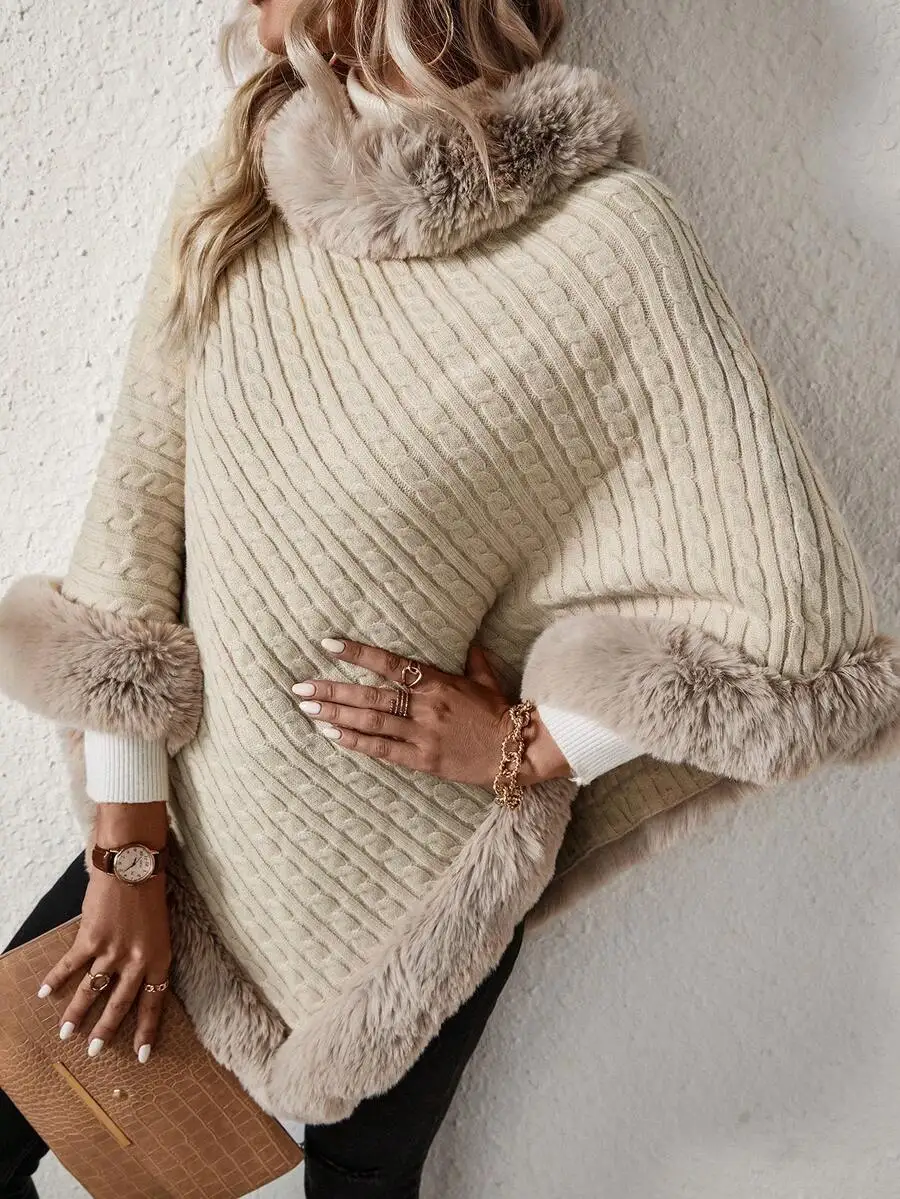 

Turtleneck Fuzzy Trim Batwing Sleeve Poncho Knit Sweater Fall Winter