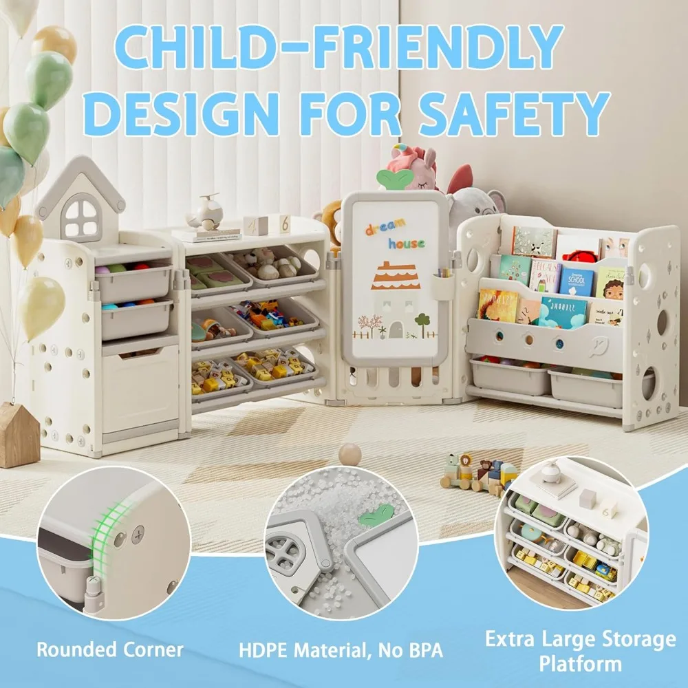 Organizzatore pieghevole per giocattoli per bambini con 10 contenitori rimovibili e libreria a 3 livelli, grande organizer multifunzionale per giocattoli 4 in 1 con