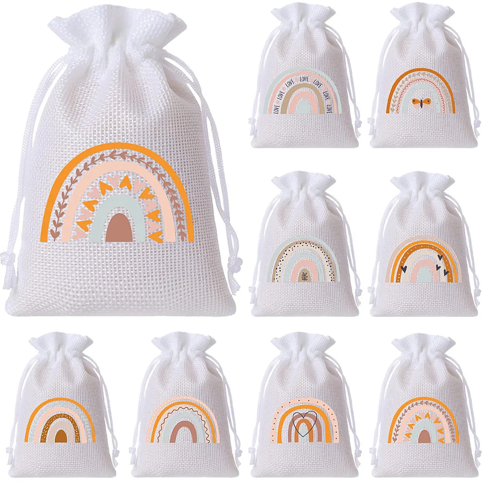 Sac cadeau en toile de jute en lin naturel, 8/9/24 pièces, 10 × 14cm, thème bohème arc-en-ciel imprimé, sacs cadeaux en chanvre pour mariage, maison, bijoux, ornements