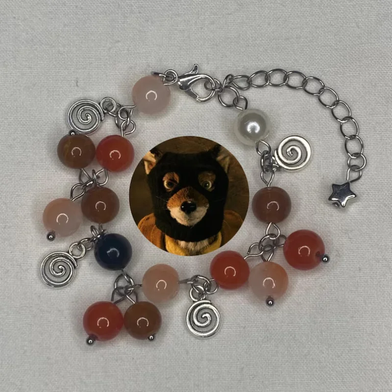 Bead string pendant bracelet with adjustable autumn dreamy Mr. Fox fox vortex pendant, orange brown black pearl silver handmade