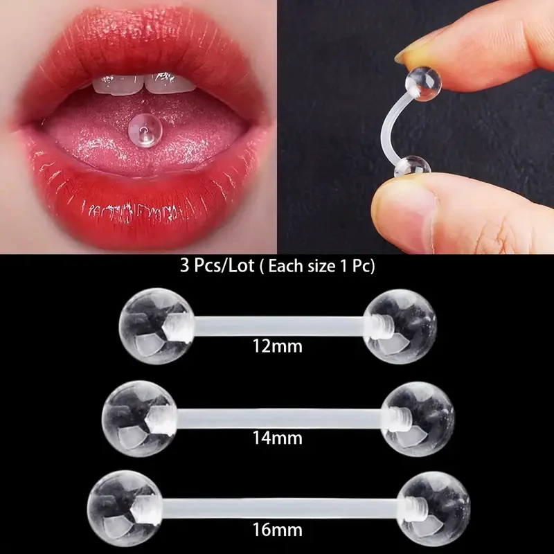 Set of 3pcs Soft Transparent Invisible Acrylic Straight Barbell Rod Tongue Ring Tongue Stud Body Piercing Jewelry 12/14/16mm