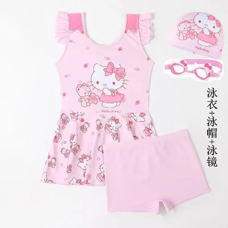 Kawaii Cinnamoroll maiô infantil, Melody Kuromi, Hello Kitty maiô para meninas, verão praia biquíni, protetor solar secagem rápida, roupa de banho